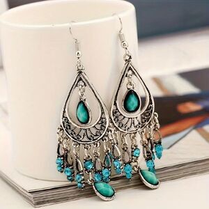 Green And Blue BOHO Tassel Earrings